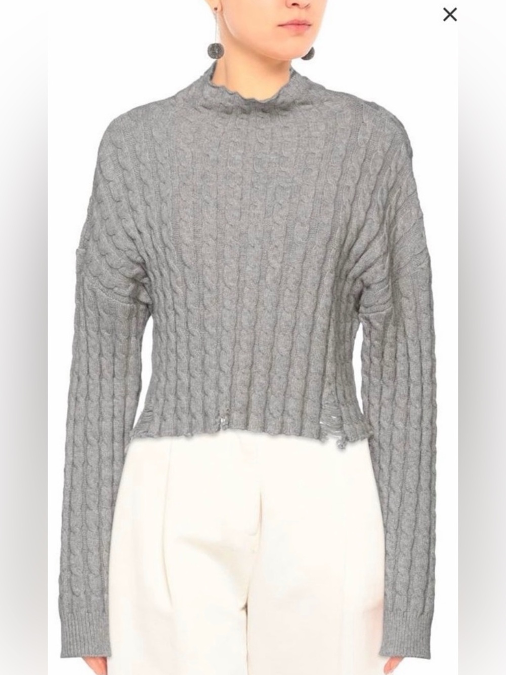 PINKO Gray Cable Knit Cropped Distressed Sweater NWOT